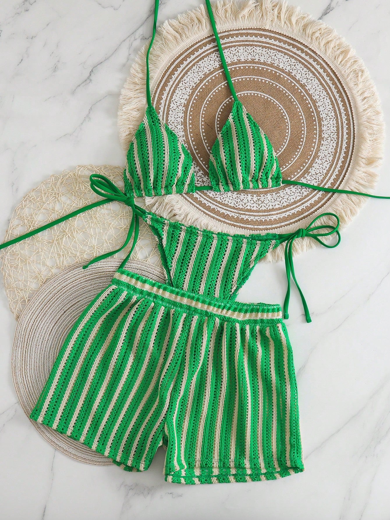 Swim Vcay 3 peças/Conjunto Capa de Crochê de Estilo Boêmio para Maiô Bikini, Saída de Praia