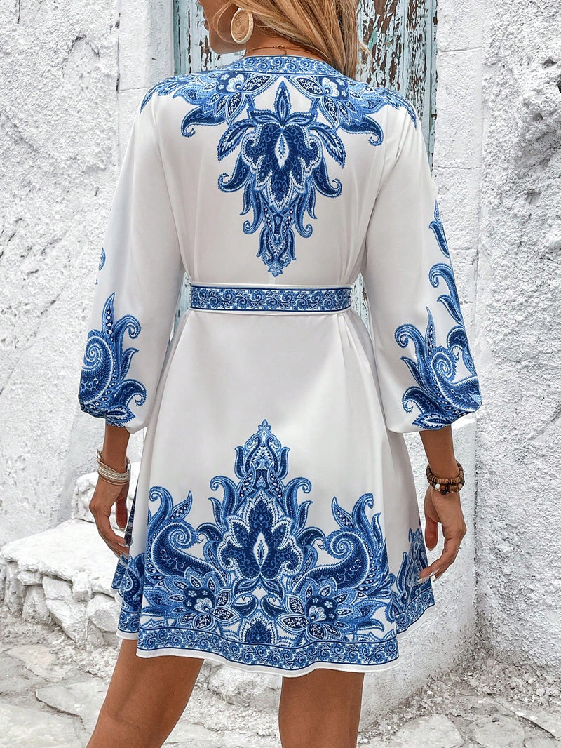 Calvaya Vestido Casual Elegante Francês Versátil de Uso Diário com Estampa de Decote em V, Botão na Cintura, Mangas Longas e Bufantes no Estilo Evasê em Cor Damasco, Primavera/Verão