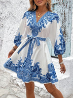 Calvaya Vestido Casual Elegante Francês Versátil de Uso Diário com Estampa de Decote em V, Botão na Cintura, Mangas Longas e Bufantes no Estilo Evasê em Cor Damasco, Primavera/Verão