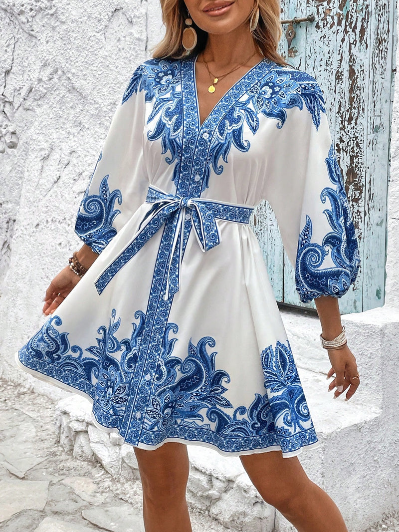Calvaya Vestido Casual Elegante Francês Versátil de Uso Diário com Estampa de Decote em V, Botão na Cintura, Mangas Longas e Bufantes no Estilo Evasê em Cor Damasco, Primavera/Verão