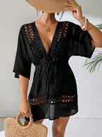 SHEIN Swim Capa Casual com Decote em V Profundo Preto Feminina, Primavera/Verão