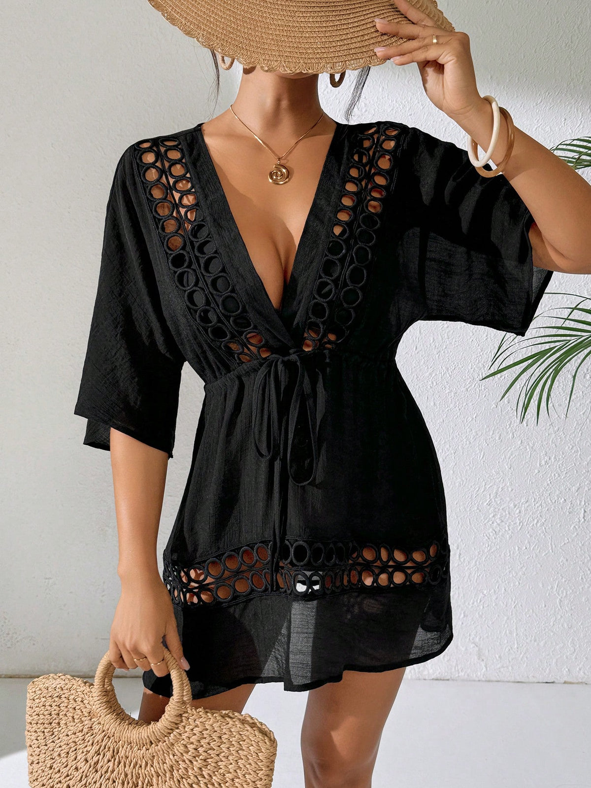 SHEIN Swim Capa Casual com Decote em V Profundo Preto Feminina, Primavera/Verão