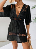 SHEIN Swim Capa Casual com Decote em V Profundo Preto Feminina, Primavera/Verão