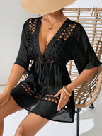 SHEIN Swim Capa Casual com Decote em V Profundo Preto Feminina, Primavera/Verão