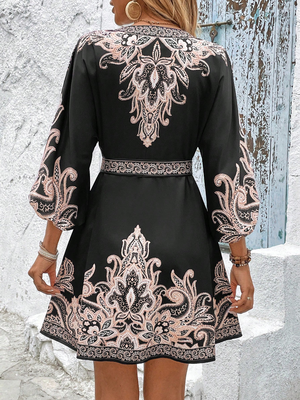 Calvaya Vestido Casual Elegante Francês Versátil de Uso Diário com Estampa de Decote em V, Botão na Cintura, Mangas Longas e Bufantes no Estilo Evasê em Cor Damasco, Primavera/Verão