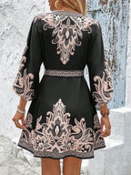 Calvaya Vestido Casual Elegante Francês Versátil de Uso Diário com Estampa de Decote em V, Botão na Cintura, Mangas Longas e Bufantes no Estilo Evasê em Cor Damasco, Primavera/Verão