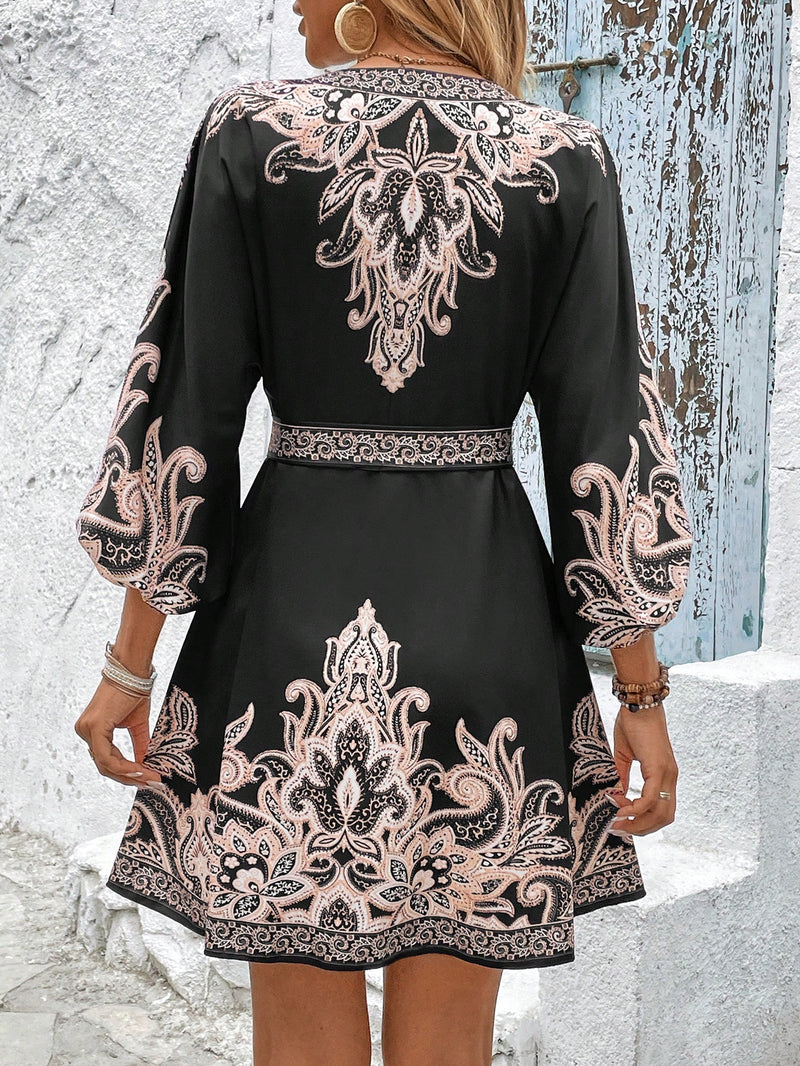 Calvaya Vestido Casual Elegante Francês Versátil de Uso Diário com Estampa de Decote em V, Botão na Cintura, Mangas Longas e Bufantes no Estilo Evasê em Cor Damasco, Primavera/Verão