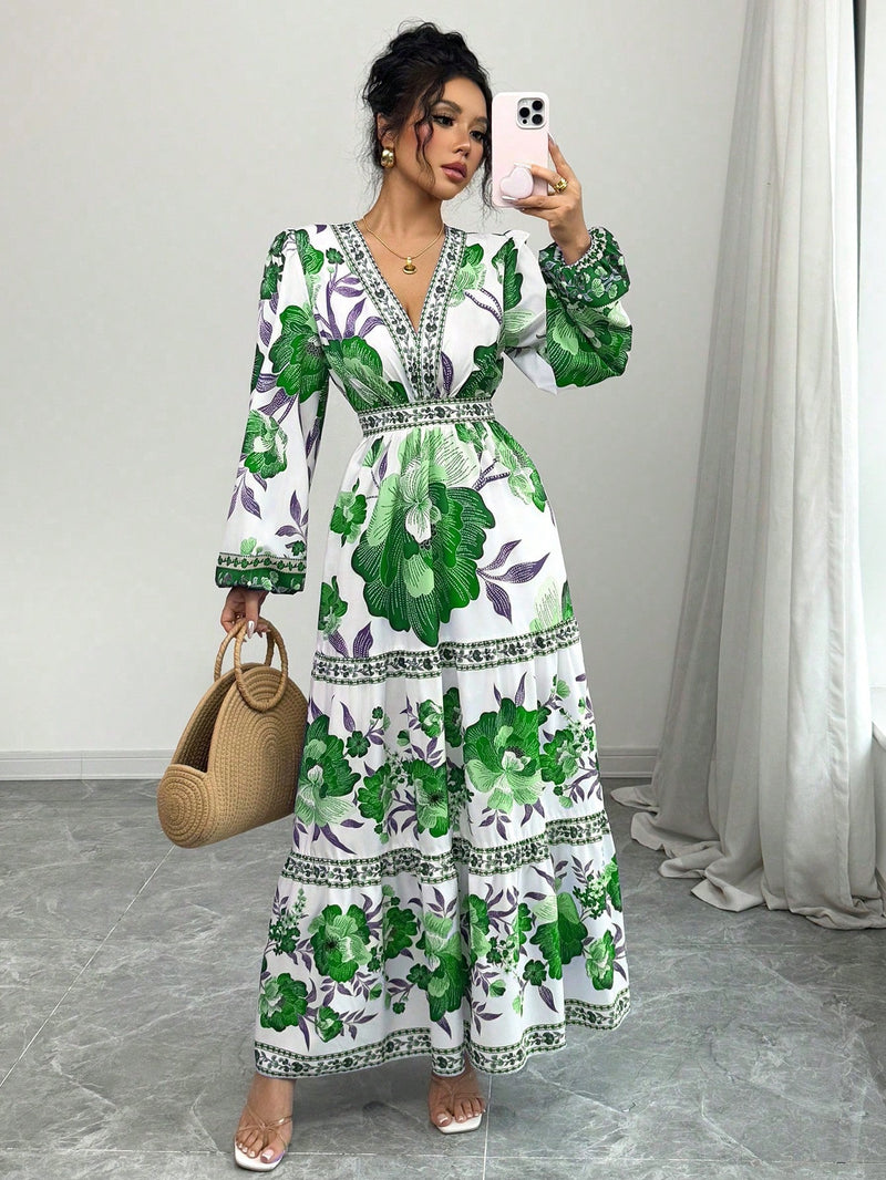 Elenzga Vestido Longo Casual de Férias para Mulheres com Estampa Floral Espalhada e Manga Lanternas