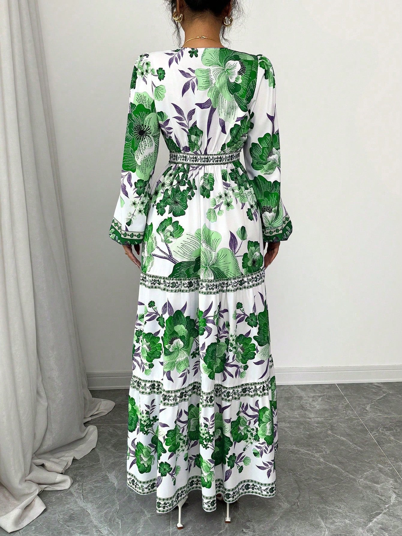 Elenzga Vestido Longo Casual de Férias para Mulheres com Estampa Floral Espalhada e Manga Lanternas