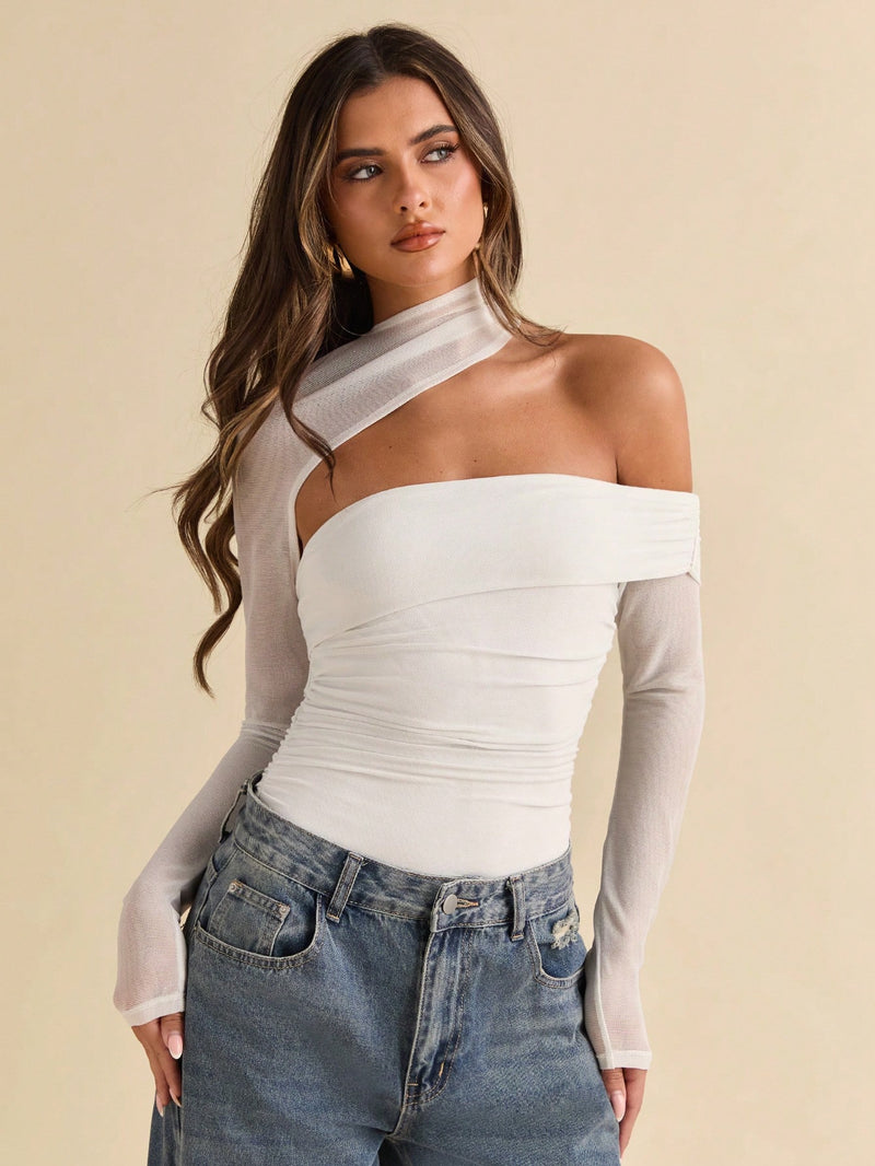 SHEIN BAE Top feminina de manga longa com gola assimétrica de tule, ajuste slim, adequada para Outono/Inverno