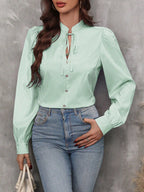 SHEIN LUNE Blusa com Gola de Gravata, Manga Farol e Estampa Listrada, Blusas de Manga Longa