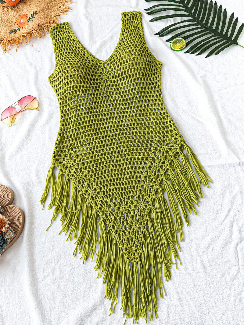 Swim Vestido Capa com Bainha de Franjas Tricotada Vazada, para Férias na Praia no Verão