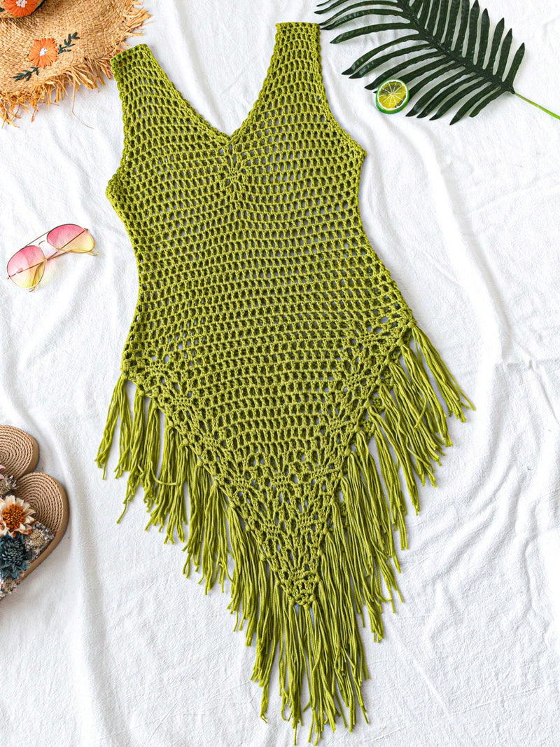 Swim Vestido Capa com Bainha de Franjas Tricotada Vazada, para Férias na Praia no Verão