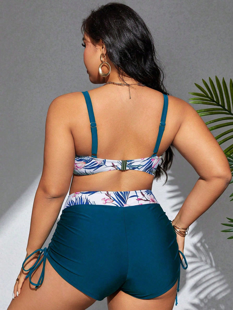 Swim Lushoire Conjunto de Maiô Bikini plus size com estampa tropical e detalhes de amarração para o verão na praia