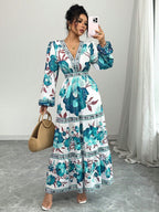 Elenzga Vestido Longo Casual de Férias para Mulheres com Estampa Floral Espalhada e Manga Lanternas