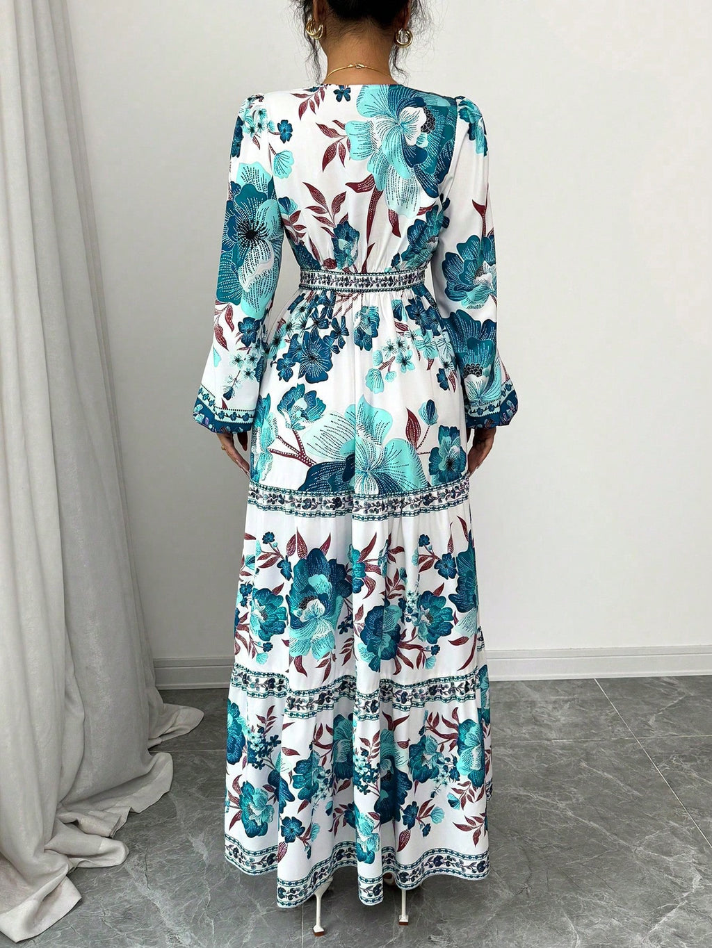 Elenzga Vestido Longo Casual de Férias para Mulheres com Estampa Floral Espalhada e Manga Lanternas