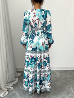 Elenzga Vestido Longo Casual de Férias para Mulheres com Estampa Floral Espalhada e Manga Lanternas