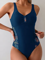 Swim Lushoire Maiô de Uma Peça Feminino para Praia de Verão com Estampa de Plantas, Detalhe de Babado, Costas Abertas e Decote Redondo
