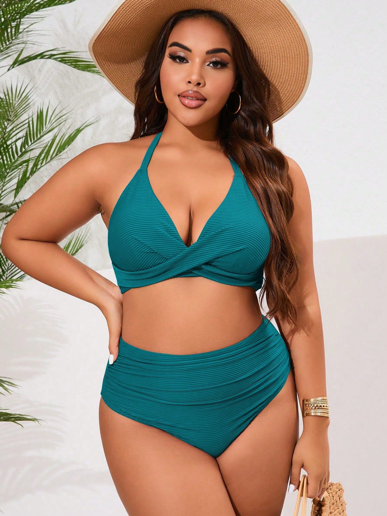 Swim Lushoire Conjunto de Maiô Bikini Minimalista de uma Cor com Alça e Amarração nas Costas, Plus Size, Verão