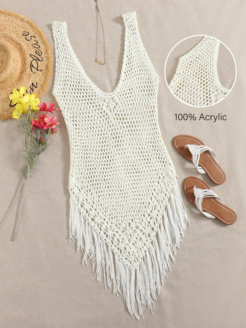 Swim Vestido Capa com Bainha de Franjas Tricotada Vazada, para Férias na Praia no Verão