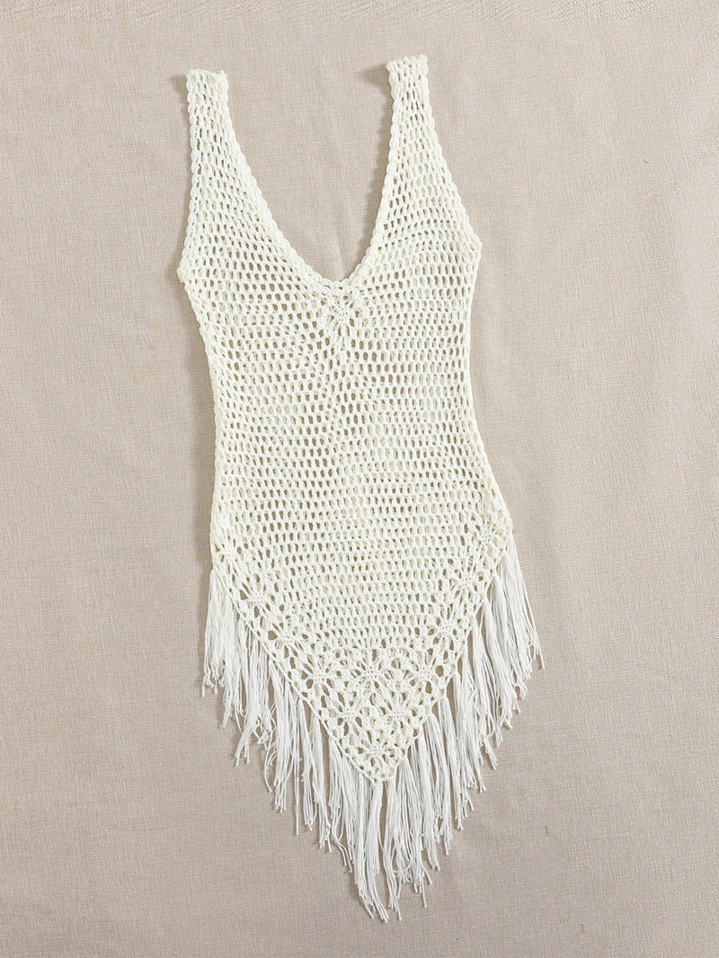 Swim Vestido Capa com Bainha de Franjas Tricotada Vazada, para Férias na Praia no Verão