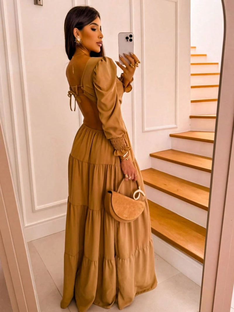 Vestido Longo Elegante Manga Princesa Boho Chic Costa Nua Duna Forrado Amarração Casamento