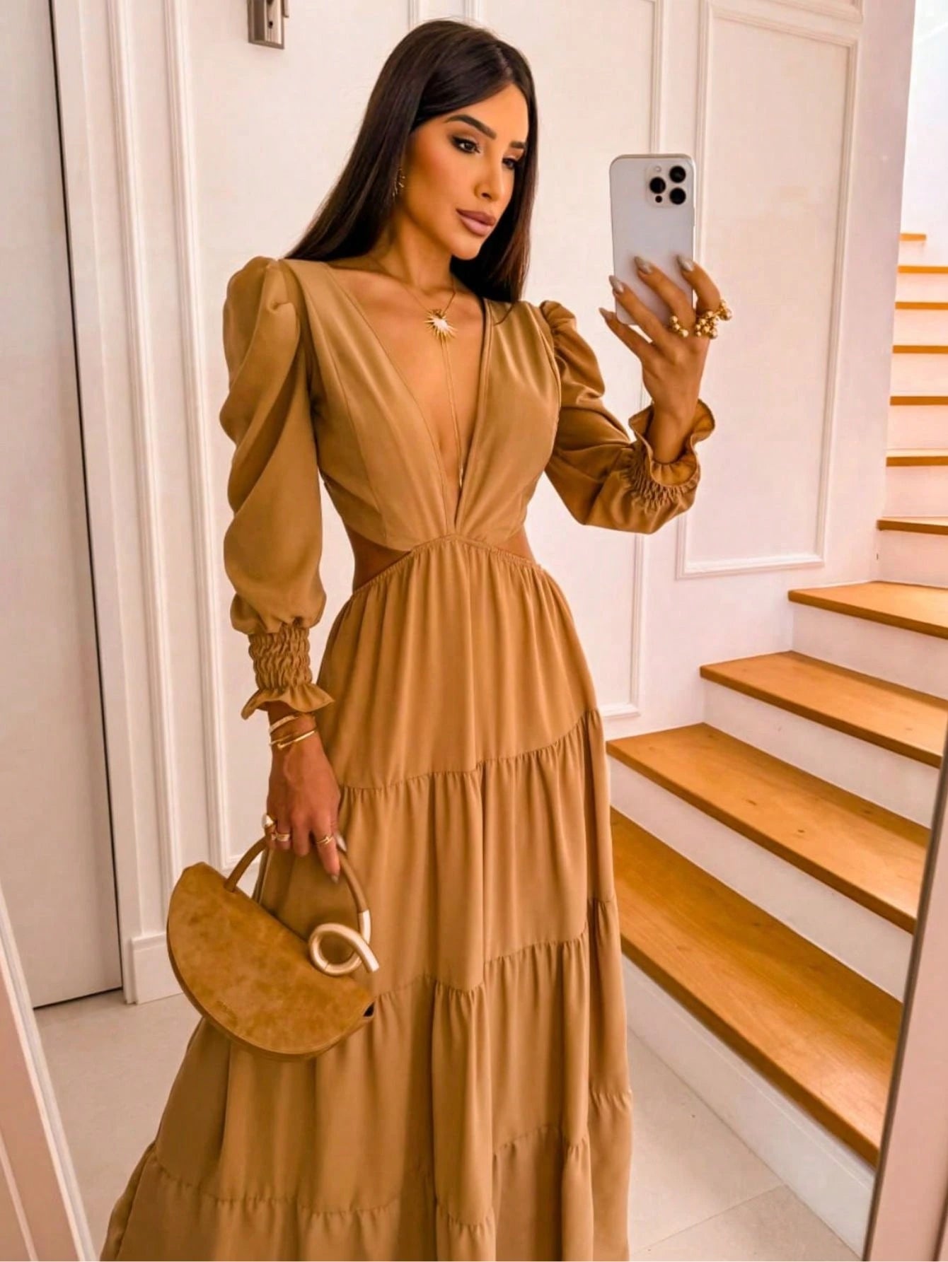 Vestido Longo Elegante Manga Princesa Boho Chic Costa Nua Duna Forrado Amarração Casamento