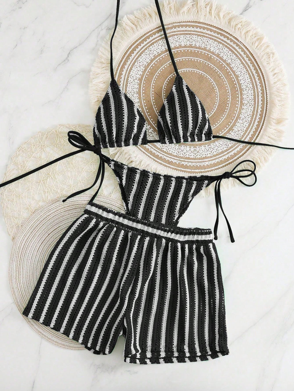 Swim Vcay 3 peças/Conjunto Capa de Crochê de Estilo Boêmio para Maiô Bikini, Saída de Praia