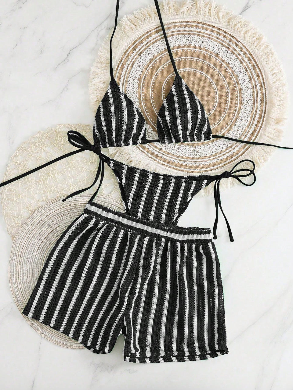 Swim Vcay 3 peças/Conjunto Capa de Crochê de Estilo Boêmio para Maiô Bikini, Saída de Praia