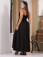 Vendedor IndicadoVestido Linho Feminino Elegante Plissado Franzido Babado Bolsos Alça Amarrar