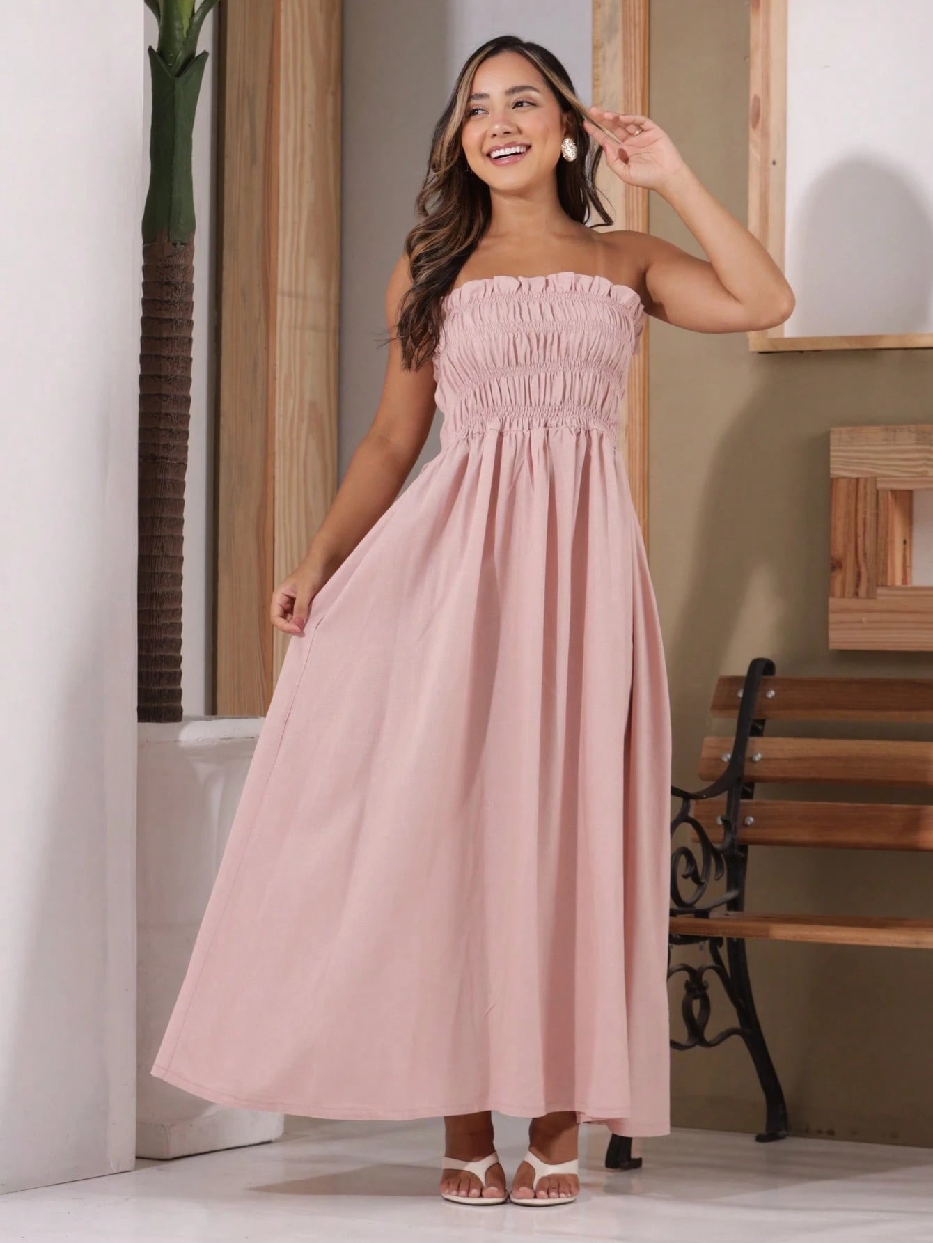 Vendedor IndicadoVestido Linho Feminino Elegante Plissado Franzido Babado Bolsos Alça Amarrar