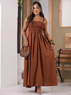 Vendedor IndicadoVestido Linho Feminino Elegante Plissado Franzido Babado Bolsos Alça Amarrar