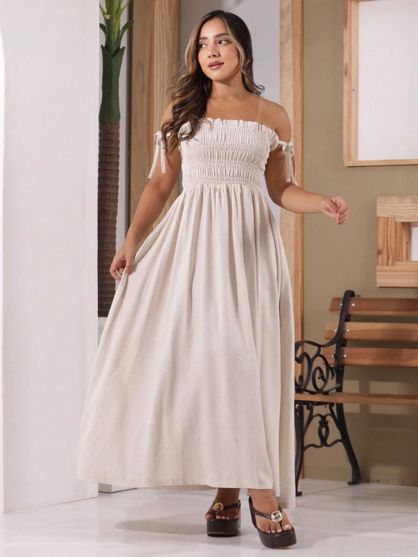 Vendedor IndicadoVestido Linho Feminino Elegante Plissado Franzido Babado Bolsos Alça Amarrar