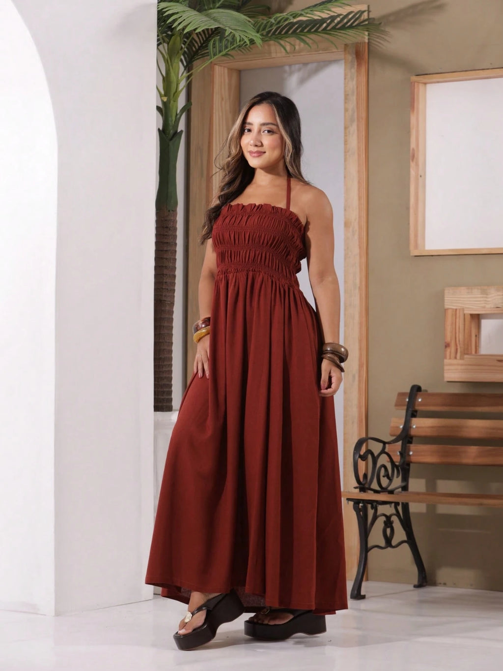 Vendedor IndicadoVestido Linho Feminino Elegante Plissado Franzido Babado Bolsos Alça Amarrar