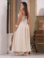 Vendedor IndicadoVestido Linho Feminino Elegante Plissado Franzido Babado Bolsos Alça Amarrar