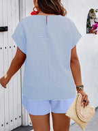 Breezaya Conjunto de 2 peças Plus Size, Top Estilo Boho com Manga de Morcego em Cor Sólida e Shorts com Estampa Aleatória, para Verão