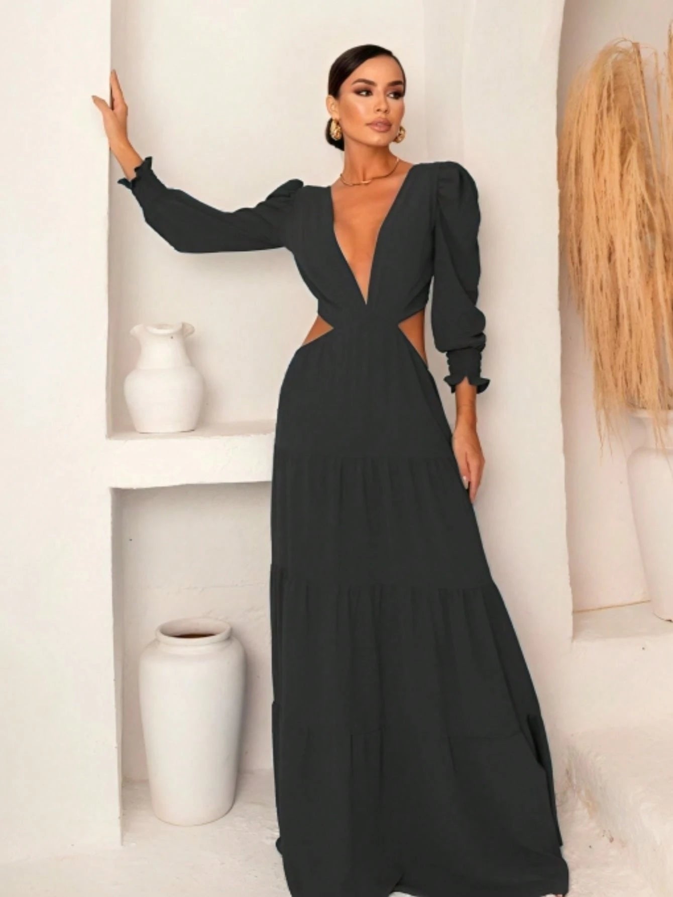 Vestido Longo Elegante Manga Princesa Boho Chic Costa Nua Duna Forrado Amarração Casamento