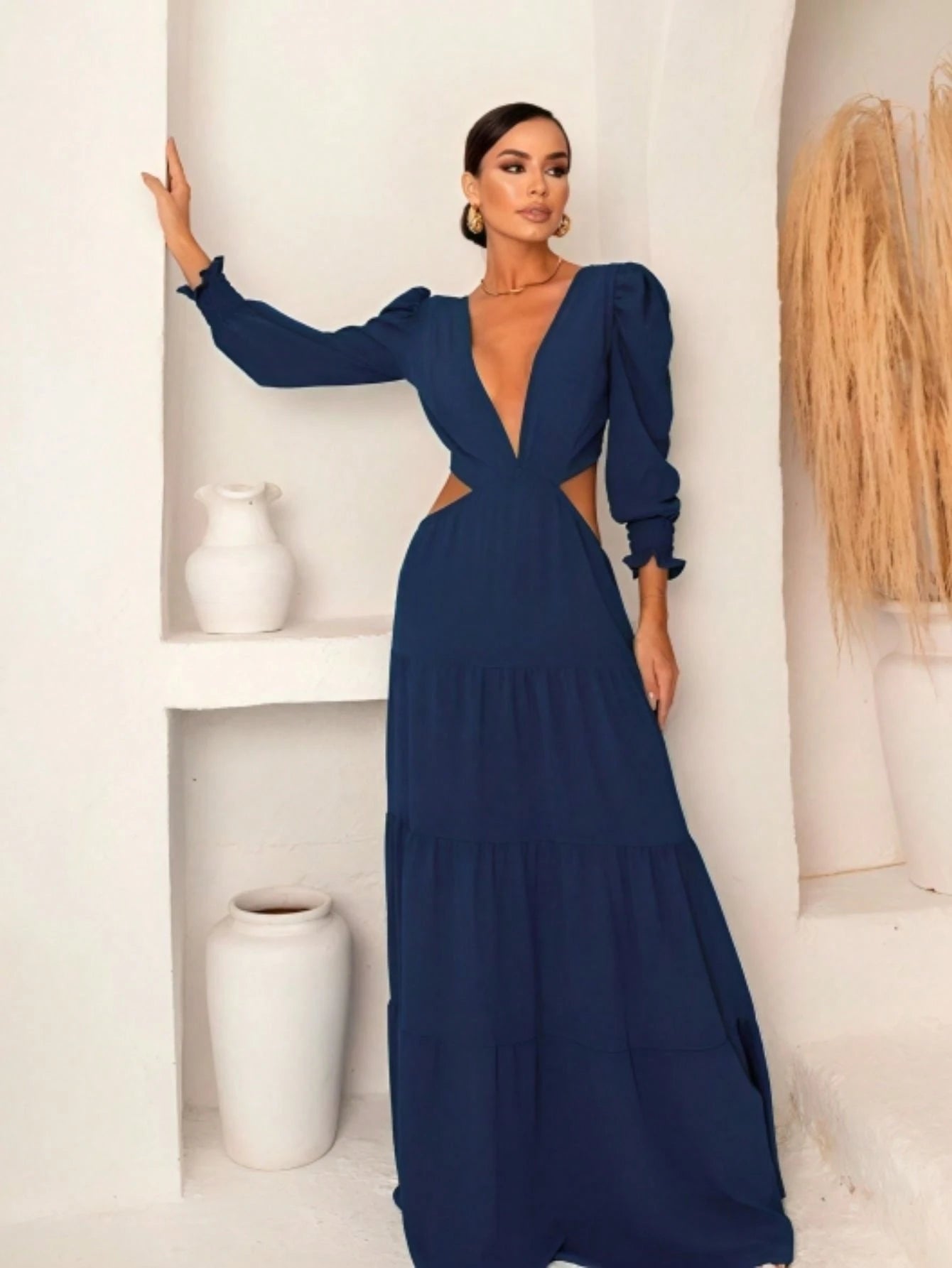 Vestido Longo Elegante Manga Princesa Boho Chic Costa Nua Duna Forrado Amarração Casamento