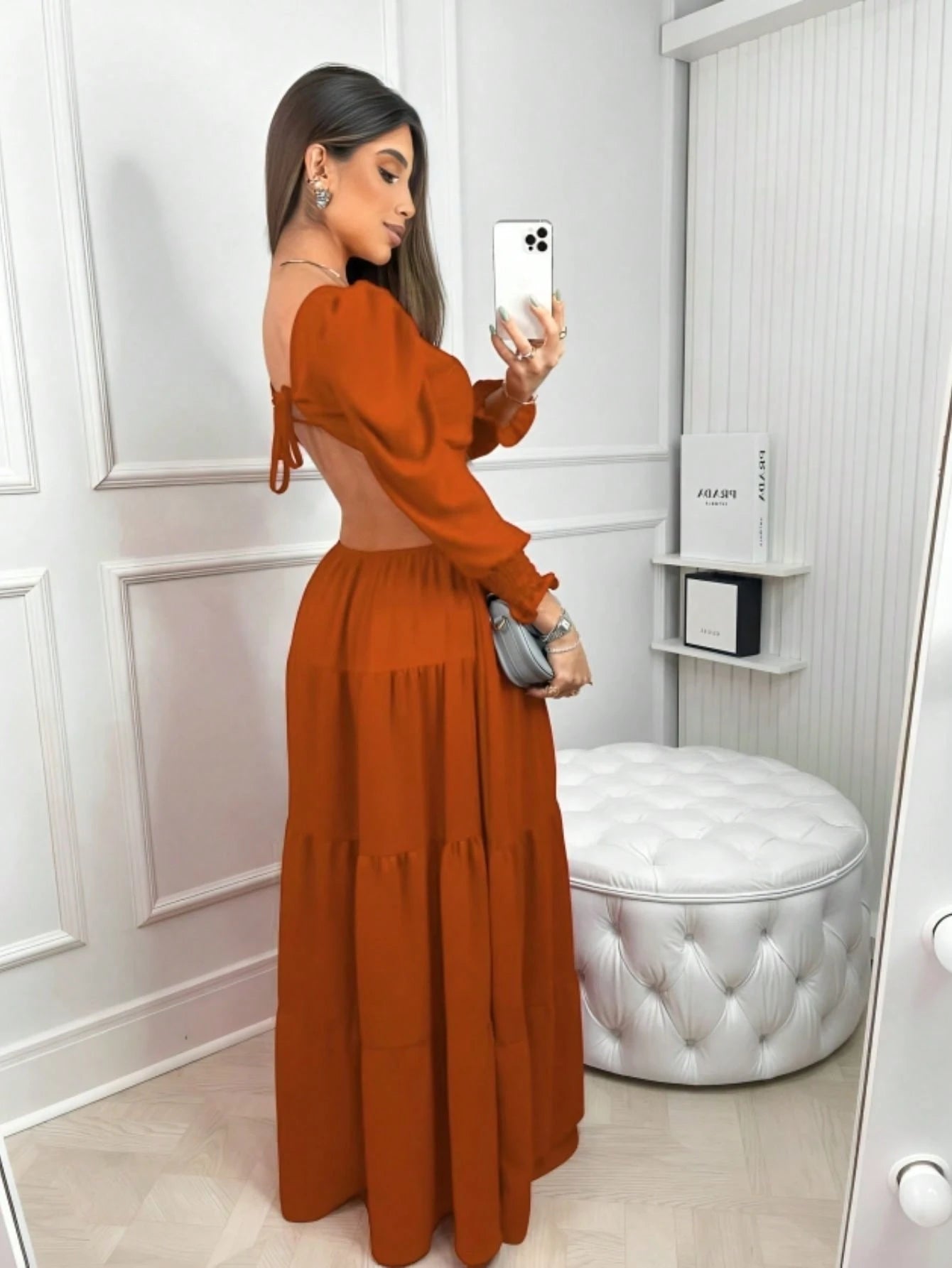 Vestido Longo Elegante Manga Princesa Boho Chic Costa Nua Duna Forrado Amarração Casamento