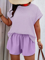 Breezaya Conjunto de 2 peças Plus Size, Top Estilo Boho com Manga de Morcego em Cor Sólida e Shorts com Estampa Aleatória, para Verão