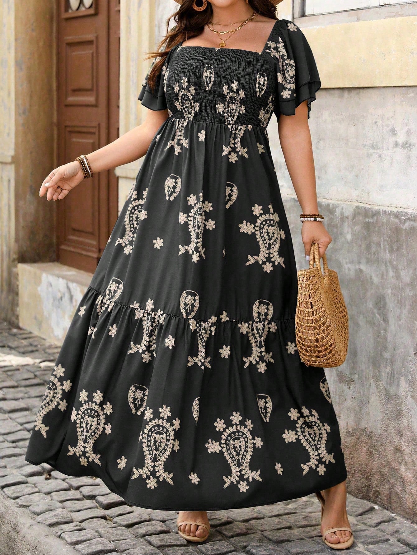 SHEIN Vestido Casual de Verão Boho Simples e Estampado para Uso Diário, Plus Size (Estampa Aleatória) Conjunto Feminino