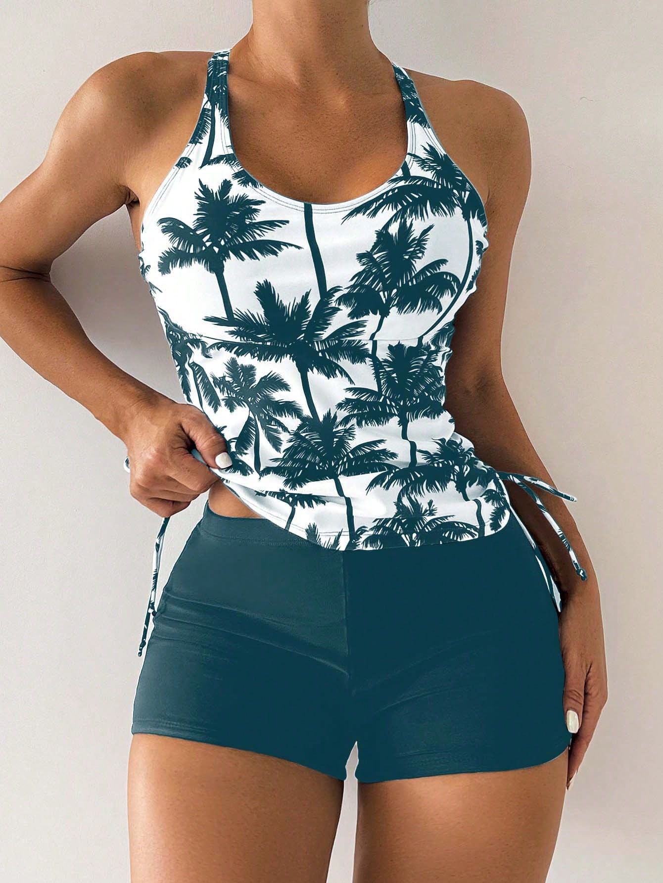 Swim Lushoire Biquíni Estilo Colete Com Estampa De Palmeira Para Mulheres - Carnaval