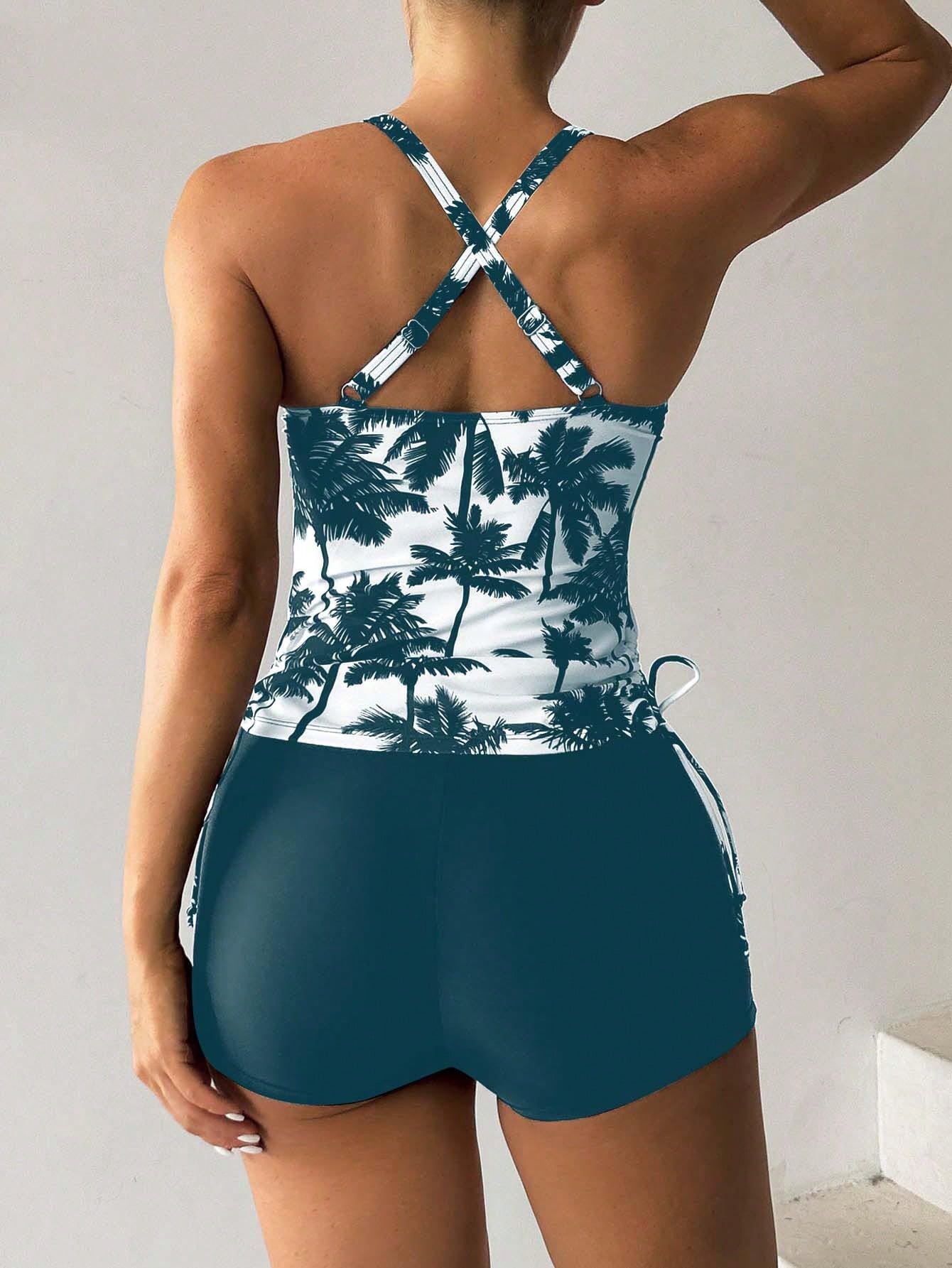Swim Lushoire Biquíni Estilo Colete Com Estampa De Palmeira Para Mulheres - Carnaval