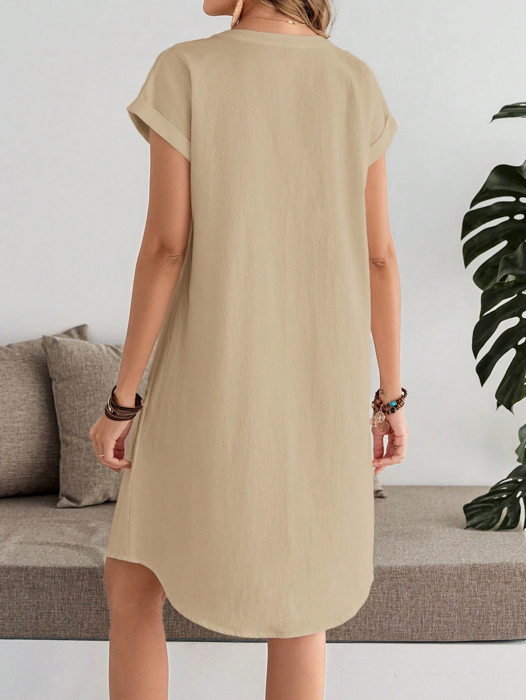 Sylviya Vestido Feminino Casual de Camisa Listrada de Manga Curta com Decote em V Verão, Até o Joelho