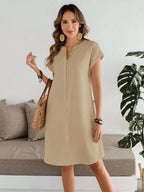 Sylviya Vestido Feminino Casual de Camisa Listrada de Manga Curta com Decote em V Verão, Até o Joelho