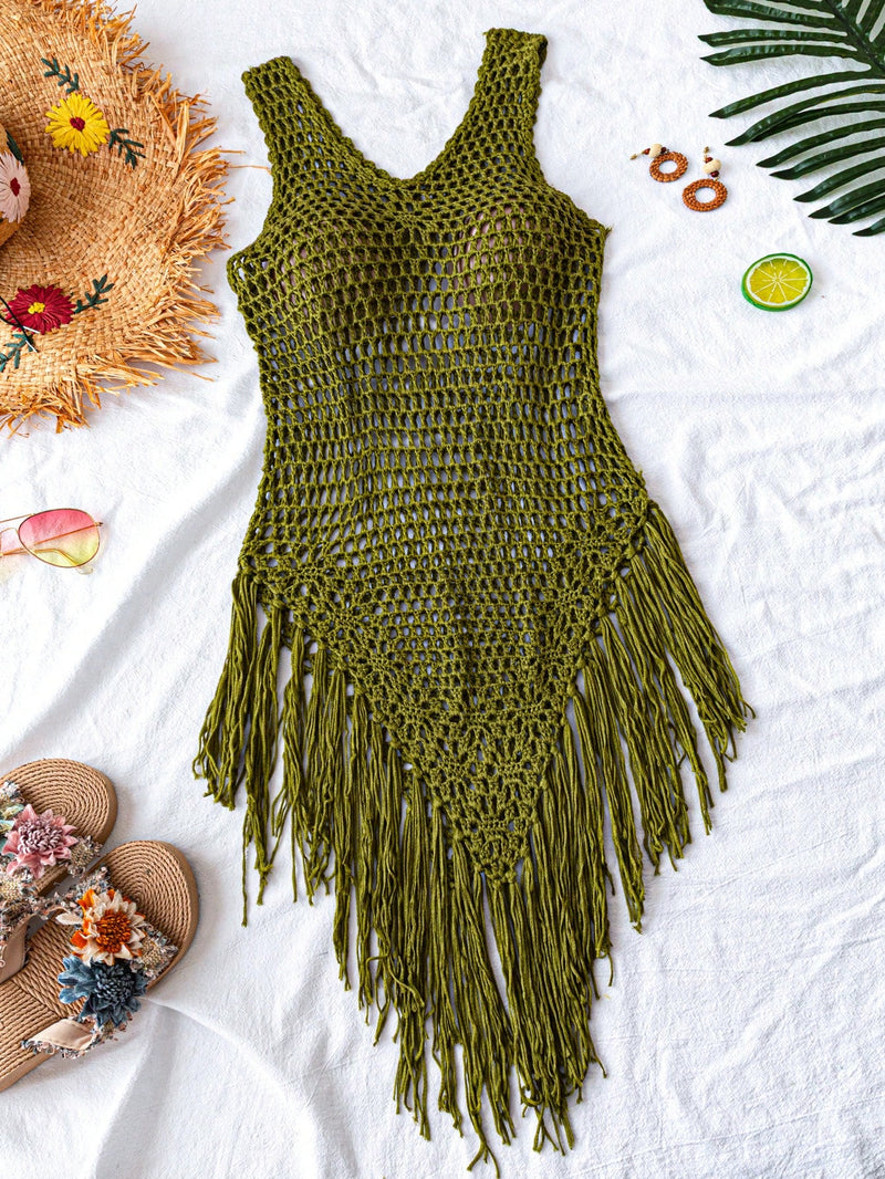 Swim Vestido Capa com Bainha de Franjas Tricotada Vazada, para Férias na Praia no Verão