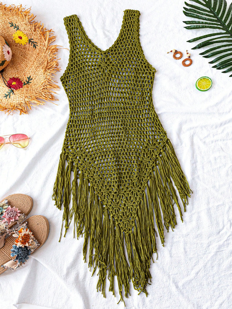 Swim Vestido Capa com Bainha de Franjas Tricotada Vazada, para Férias na Praia no Verão