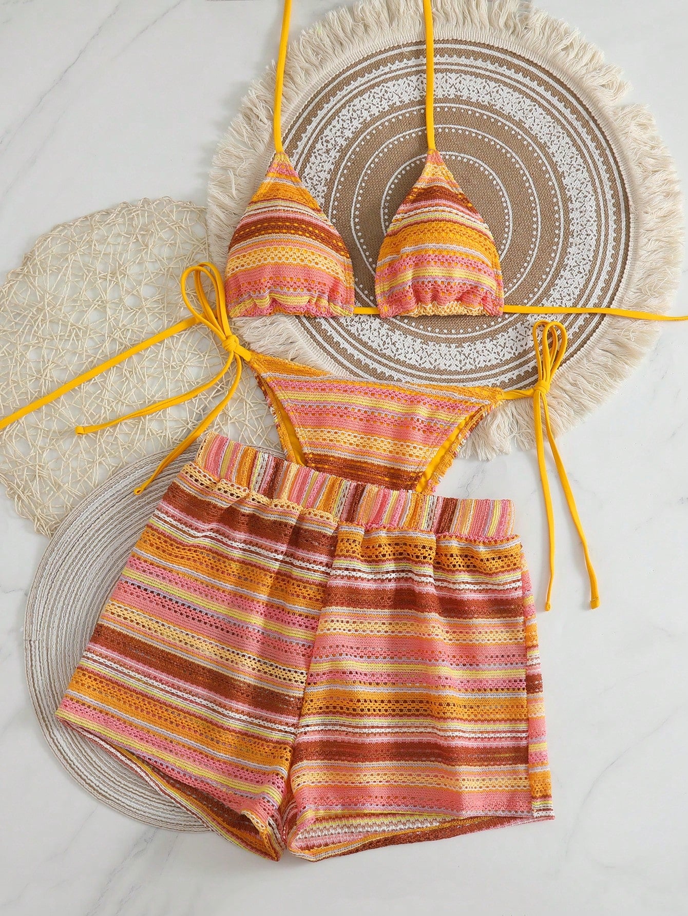 Swim Vcay 3 peças/Conjunto Capa de Crochê de Estilo Boêmio para Maiô Bikini, Saída de Praia