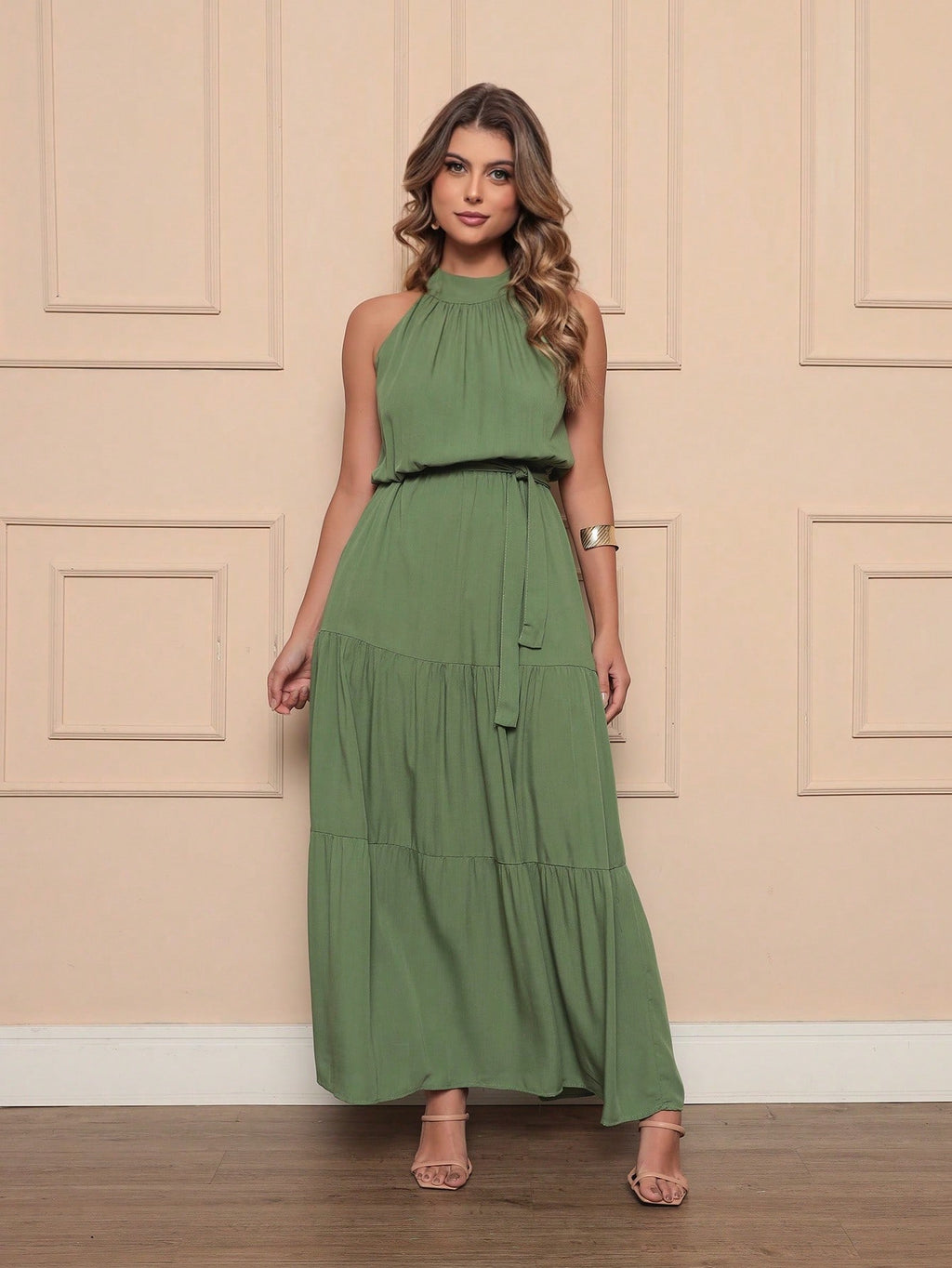 Vendedor IndicadoVestido Longo Feminina Liso Gola Alta Tres Maria Com Cinto