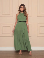 Vendedor IndicadoVestido Longo Feminina Liso Gola Alta Tres Maria Com Cinto